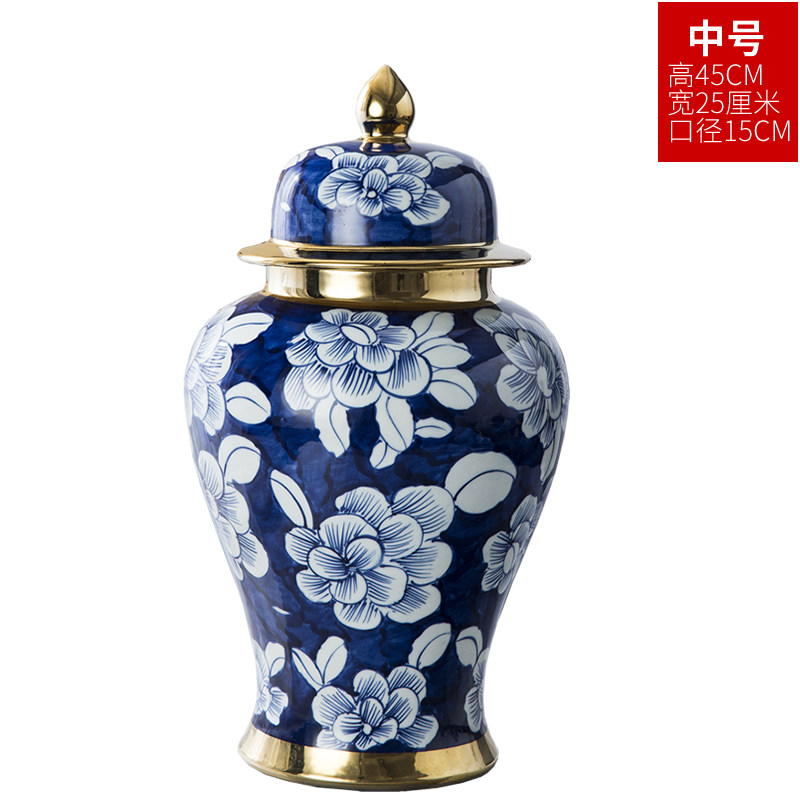 景德镇手绘青花瓷将军罐陶瓷花瓶摆件大号中式客厅家居装饰品 三维工匠 青花瓷镀金将军罐中号高清大图