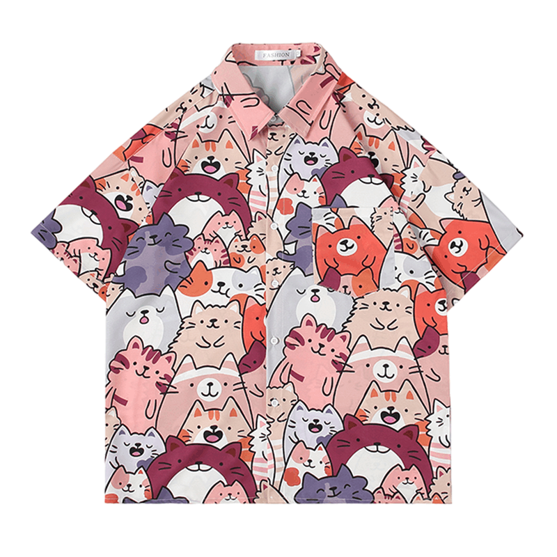 Claw money猫咪涂鸦花衬衫男短袖夏季潮牌冰丝宽松大码沙滩衬衣图片