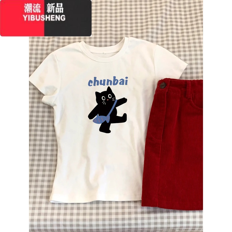 YIBUSHENG设计感小猫印花正肩短袖T恤女2024季休闲百搭宽松显瘦0短高清大图