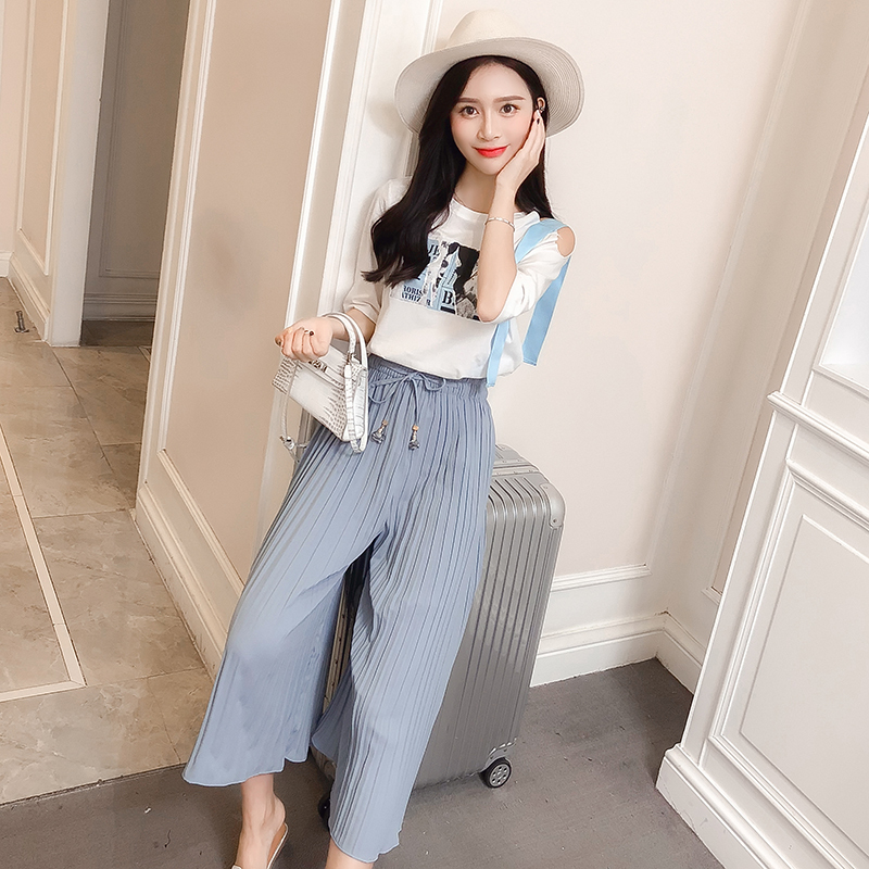 2018夏装新款女装漏肩时尚T恤阔腿裤两件套时髦俏皮小心机套装女