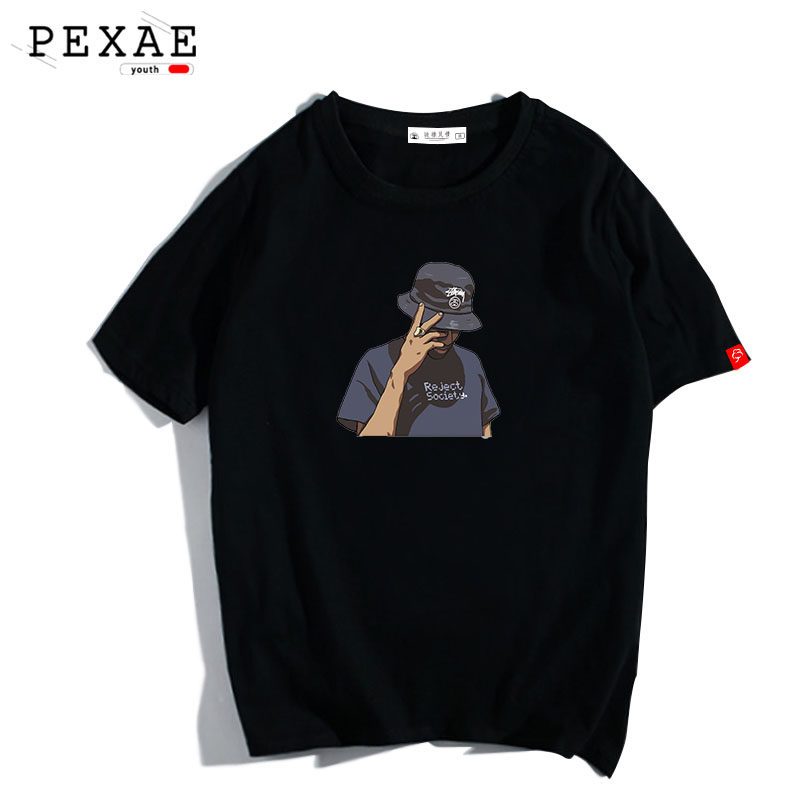 凌梦萱品牌衣服男士短袖T恤ins潮流简约纯棉宽松黑色百搭原宿风港风体恤半袖