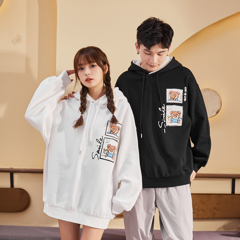 5折价134元唐狮秋冬新款情侣装潮卫衣男女加绒白色连帽上衣帽衫宽松