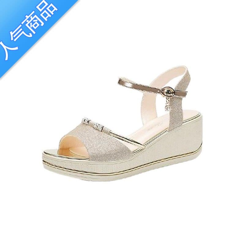 SUNTEK坡跟凉鞋女2023年夏季新款百搭中跟防滑厚底舒适高跟仙女时尚女鞋图片