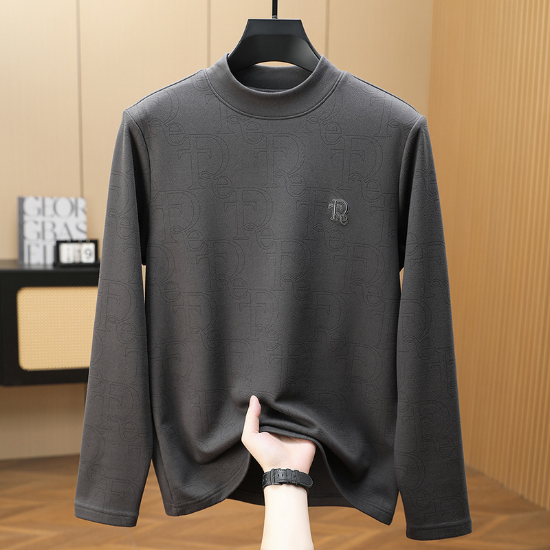 半高领德绒打底衫男秋冬新款男士长袖羊毛桑蚕丝烧花卫衣男