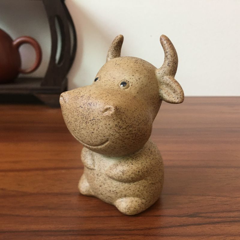 粗陶福牛茶宠茶盘可爱小摆件茶玩创意生肖牛茶具茶道配件可养 陶砂福