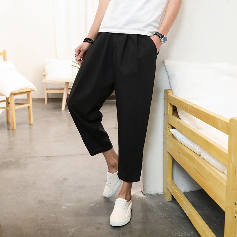 夏季阔腿裤男九分棉麻休闲裤宽松直筒裤潮流八分宽腿裤哈伦裤男潮