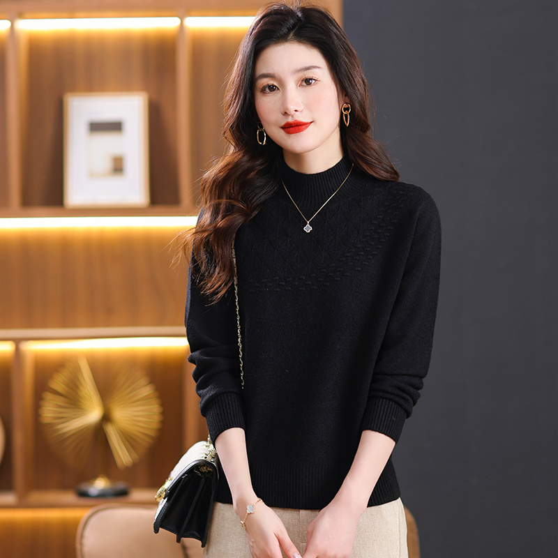 鄂尔多斯市羊绒衫女士100%羊毛衫女秋冬装保暖针织打底衫宽松大码半高领套头百搭毛衣女装冬毛衣套头宽松大码显瘦羊绒打底衫 XL适合115-125斤 364黑色