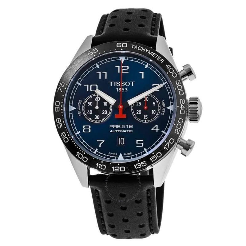 天梭tissotprs516计时码表自动蓝色表盘日历防水男士机械手表t