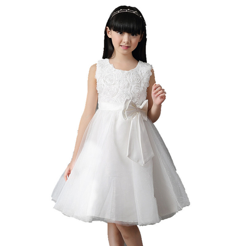童装春装女童连衣裙儿童公主春秋款演出礼服蓬蓬白色婚纱裙子大童