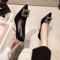 Ideamini高跟鞋女2021年春季新款女鞋水钻方扣细跟尖头浅口单鞋工作鞋婚鞋休闲鞋