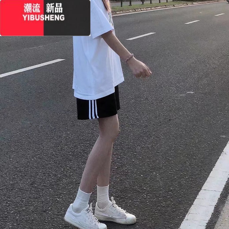 YIBUSHENG运动短裤女季薄款2024新款高腰显瘦中裤休闲阔腿宽松5五分裤子 黑色三条杠款 M