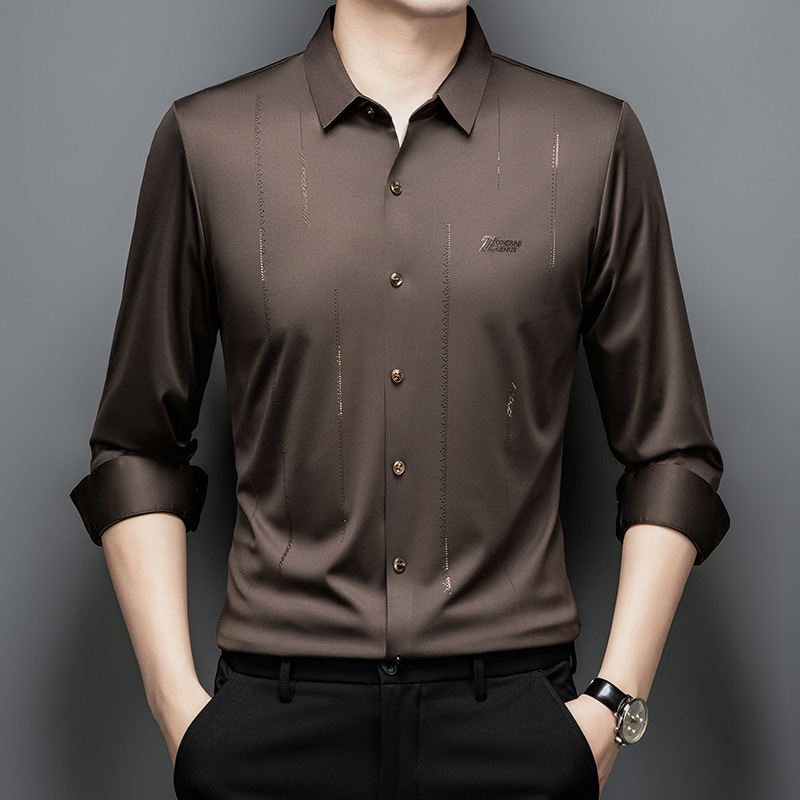商务休闲长袖无痕寸衣 2025新款男式修身上衣衬衫男士印花衬衣