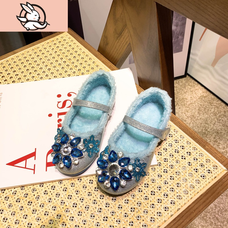 HUAYANGTU女童爱莎公主鞋软底2020年秋冬新款儿童加绒洋气水晶女孩单鞋皮鞋皮鞋童