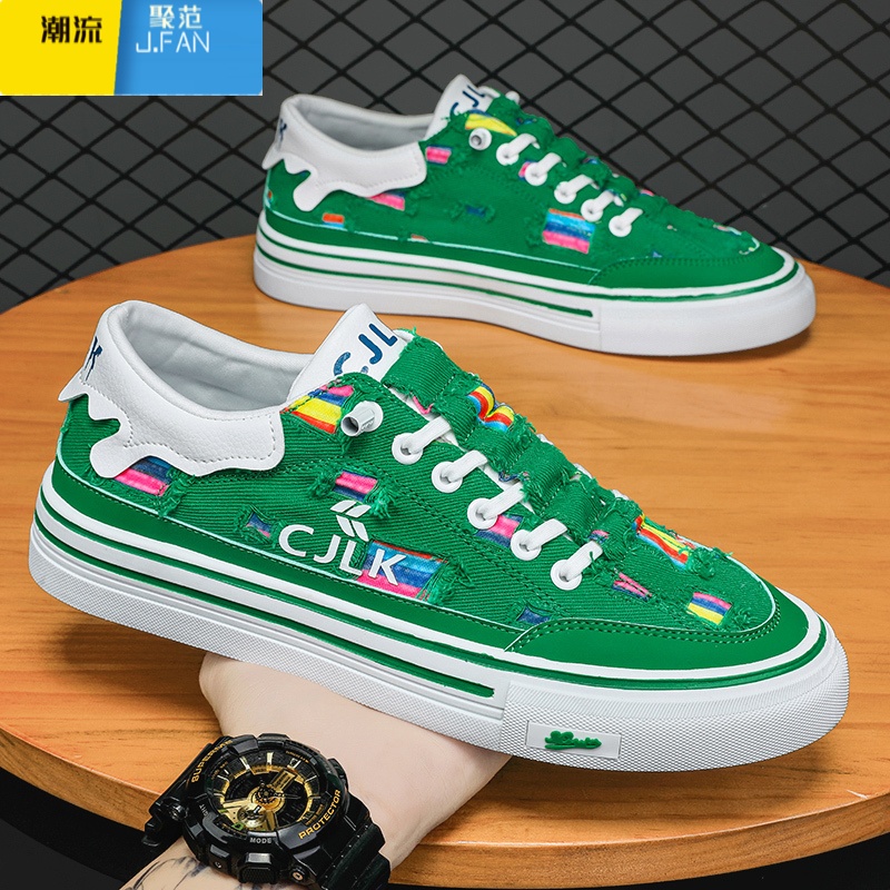 聚范帆布男鞋2024年新款夏季透气一脚蹬布鞋乞丐破洞休闲运动板鞋男款高清大图