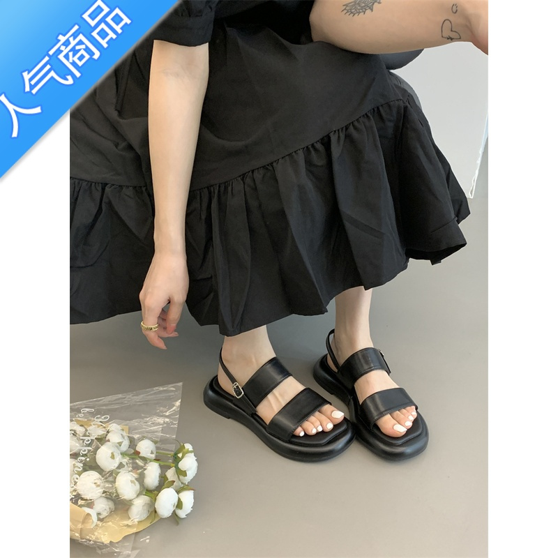 SUNTEK网红同款厚底凉鞋女2023夏季新款一字带仙女风银色罗马松糕凉鞋女