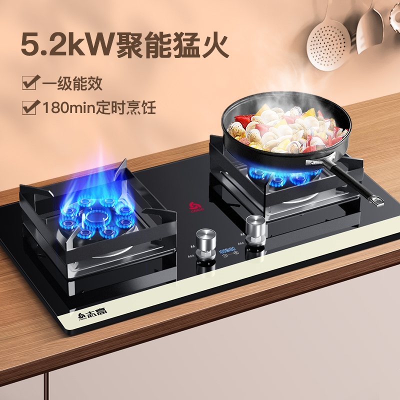 志高(CHIGO)煤气灶双灶家用燃气灶液化气嵌入式天然气灶台式猛火灶炉具_特价钢化玻璃面板钢盖_液化气