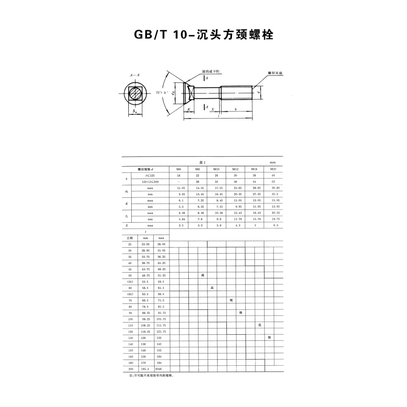 昕星 沉头方颈螺栓 4.8级 M12×140