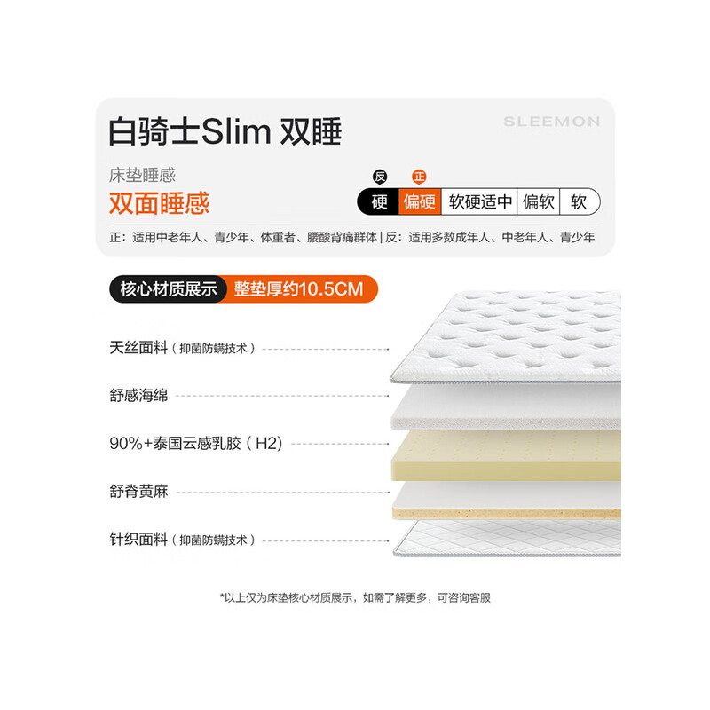 喜临门 - 白骑士slim系列床垫2cm乳胶4cm黄麻租房学生床垫偏硬 白骑士slim双睡【10.5cm/偏硬】 150*190cm