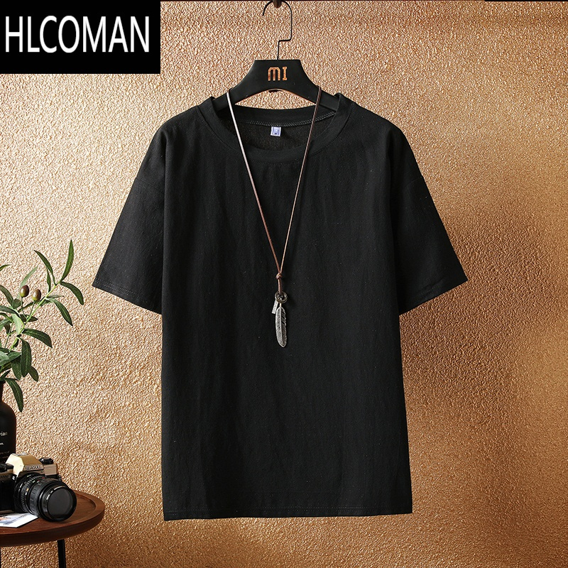 coman亚麻短袖男士夏季薄款休闲棉麻t恤宽松半袖潮流大码纯白色打底衫