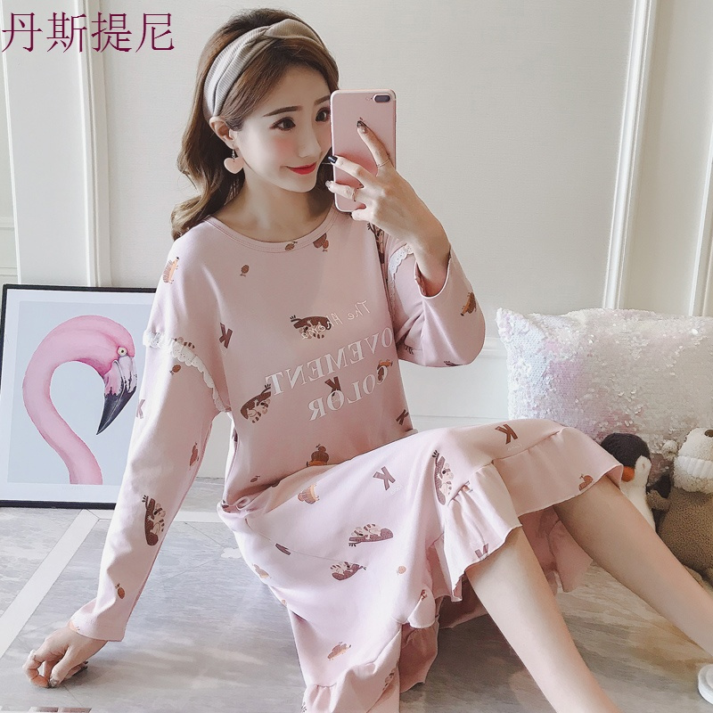 睡裙女纯棉中裙韩版长袖加大码睡衣网红中长款家居服春秋季可外穿