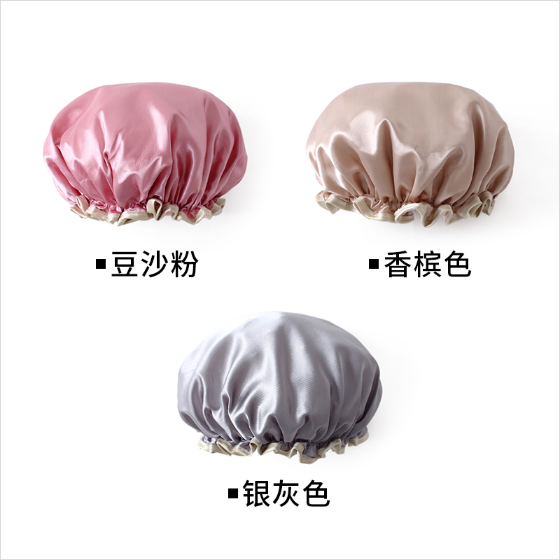 双层浴帽防水成人女款沐浴洗澡帽发膜淋浴头套厨房防油烟帽子加厚 三维工匠 少女粉+紫粉干发巾+发带高清大图