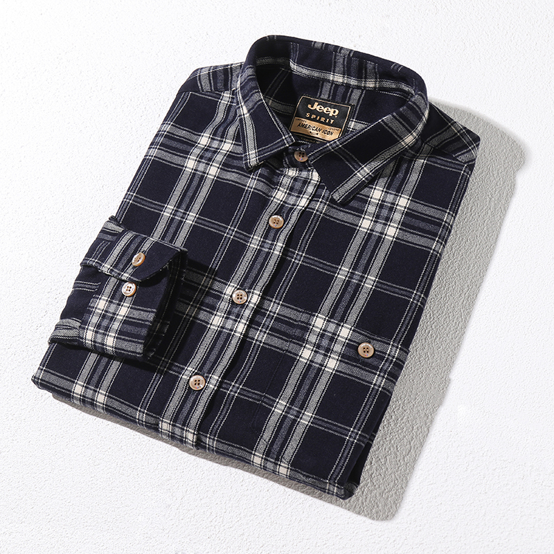 jeepspirit吉普长袖衬衫男冬季加厚休闲格子防风衬衫男士上衣宽松衬衣