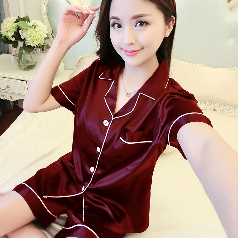 睡衣女夏季短袖韩版丝绸睡衣女士两件套装性感冰丝薄款短裤家居服