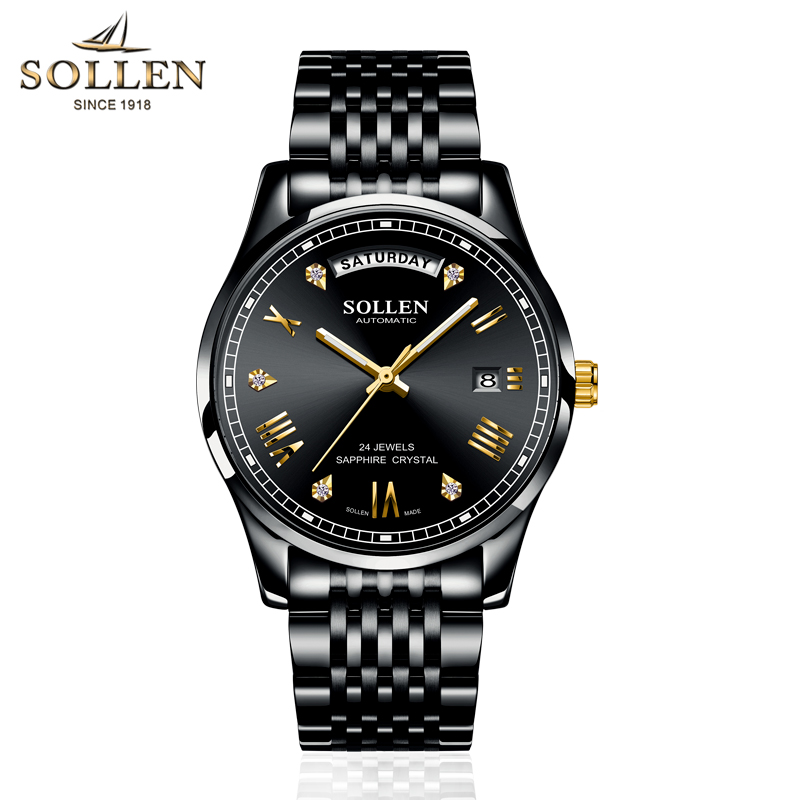 梭伦(SOLLEN)手表男日历超薄自动机械表防水时尚学生新款商务休闲男表SL9016 全黑黑面