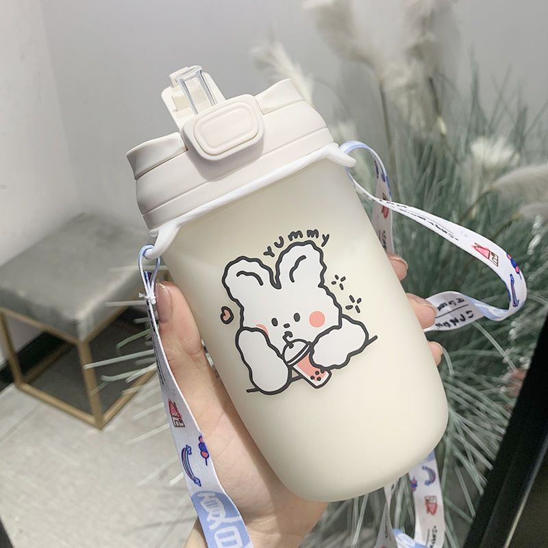 奶茶兔子550ml 单杯 水杯女生可爱吸管式双饮玻璃杯便携小巧ins风咖啡杯夏天带盖杯子