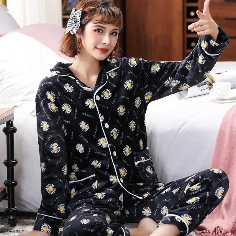 开衫珊瑚绒睡衣女秋冬2021年新款法兰绒春秋款加厚加绒冬季家居服套装. DX菊花