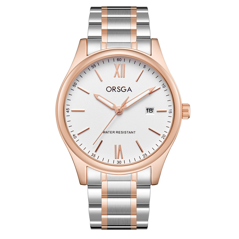ORSGA手表男简约男士手表防水日历时尚休闲商务学生男表石英表腕表1131G 间玫钢带白面