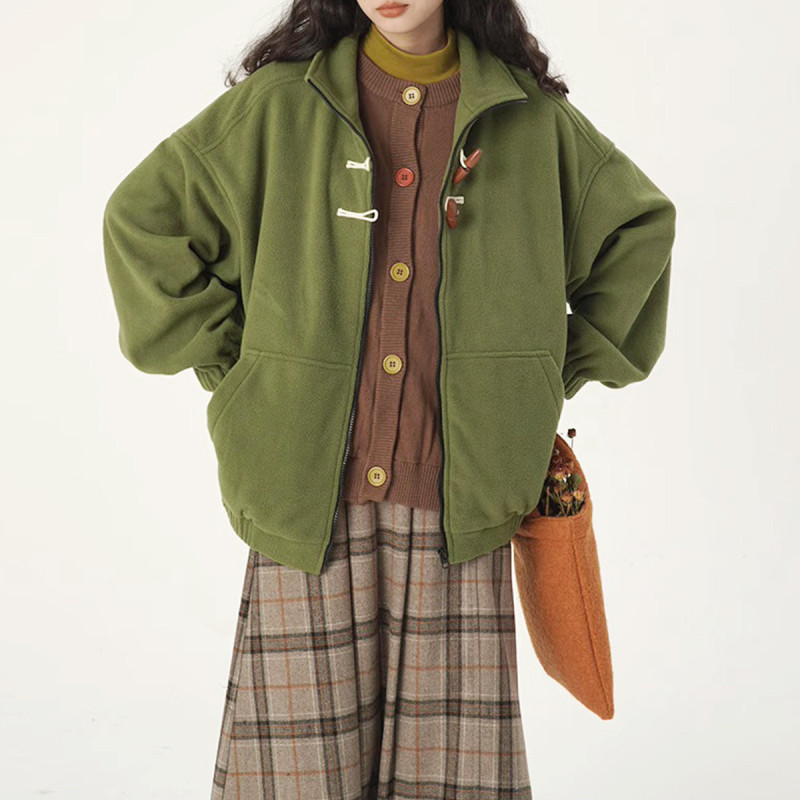 [2.5折价95元]唐狮秋冬新款女立领加绒加厚牛角扣外套百搭减龄高级感韩版