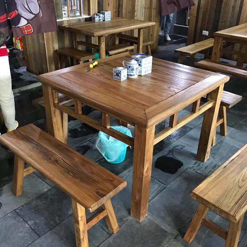 老榆木方桌八仙桌餐桌茶台复古风化老板旧木板实木凳子板凳民宿定制 长桌1.7米*80cm*75单桌 默认尺寸