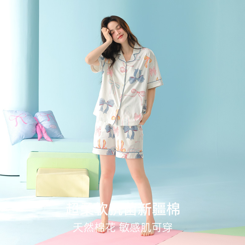 米奇喵[抗菌新疆棉]奶fufu浅底彩蝴蝶结睡衣女拉架棉宽松短袖翻领套装 蝴蝶结睡衣女 尺码备注高清大图