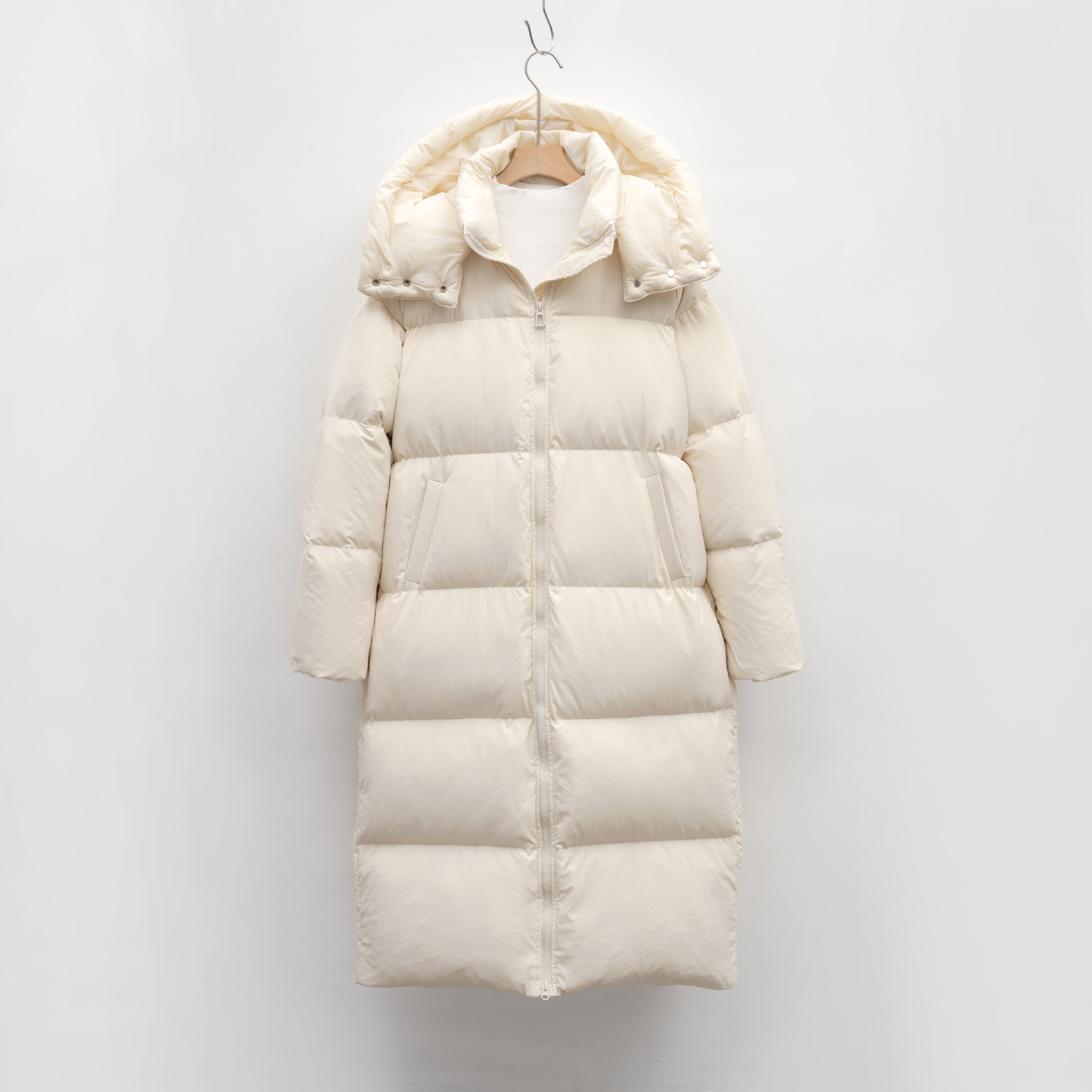 冬季新款长款过膝大被子连帽简约加厚保暖外套羽绒服女 米白色 L