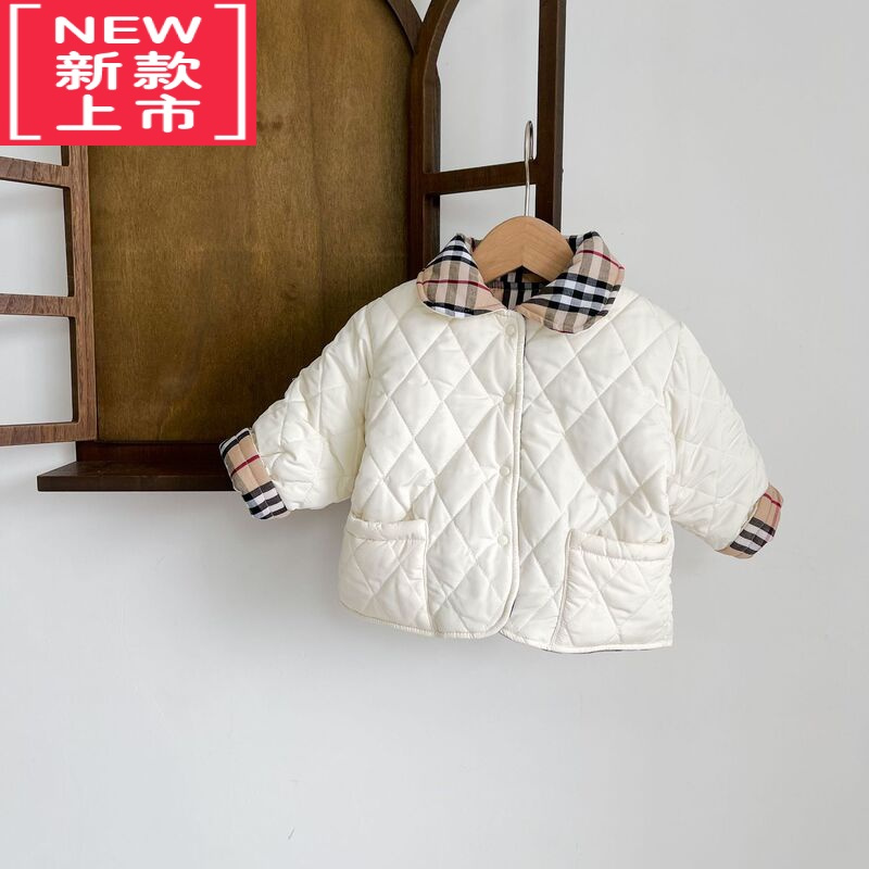 可莉允女宝宝纯色风衣夹棉外套2022冬装新款婴幼儿拼色格子上衣韩版洋气棉服