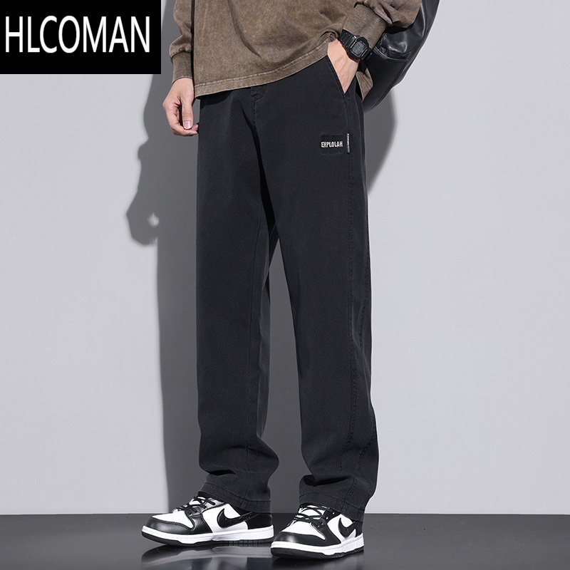 HLCOMAN秋季新款男士阔腿休闲裤宽松大码直筒简约男裤时尚百搭潮流裤子男 3XL码 YJT-833款黑色