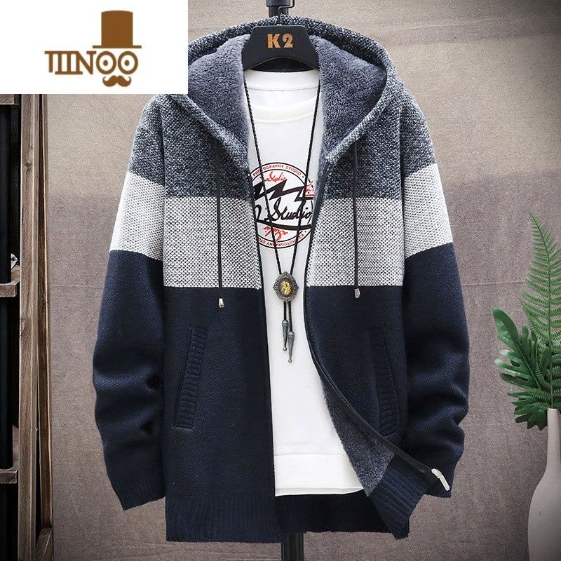 YANXU冬季针织衫男士开衫外套加绒加厚连帽拼色毛衣男外搭衣服外穿毛衣图片