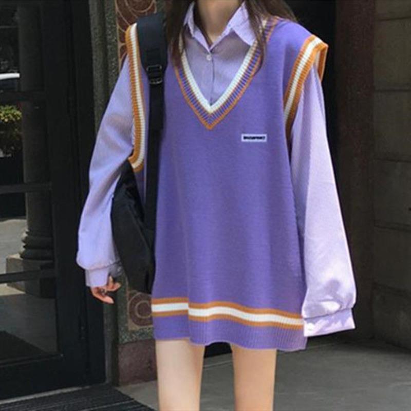 衬衫马甲背心小清新套装甜美春秋款女学生穿搭洋气两件套/单件潮 单件紫色衬衫 S