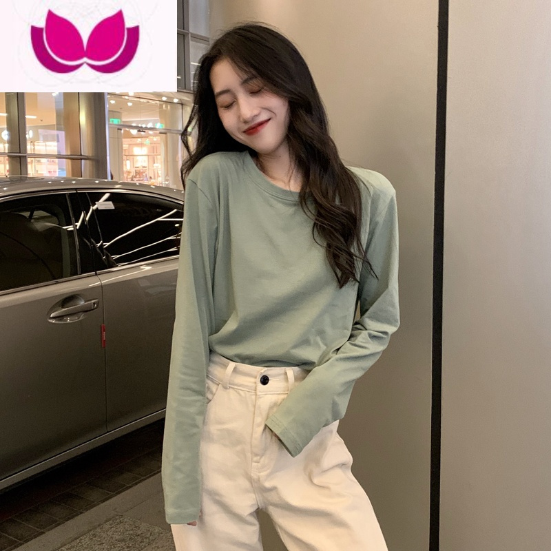 七斓白色长袖t恤女ins潮2022新款薄款纯色打底衫韩版宽松上衣