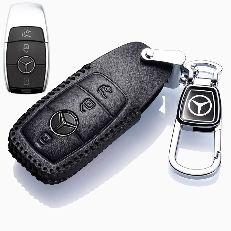 【补贴10%】2020款奔驰真皮钥匙套E级E300L/E260L/ C200L/C260/GLC260L专用扣汽车钥匙包 奔驰E款黑色+扣（智能三键）E级专用
