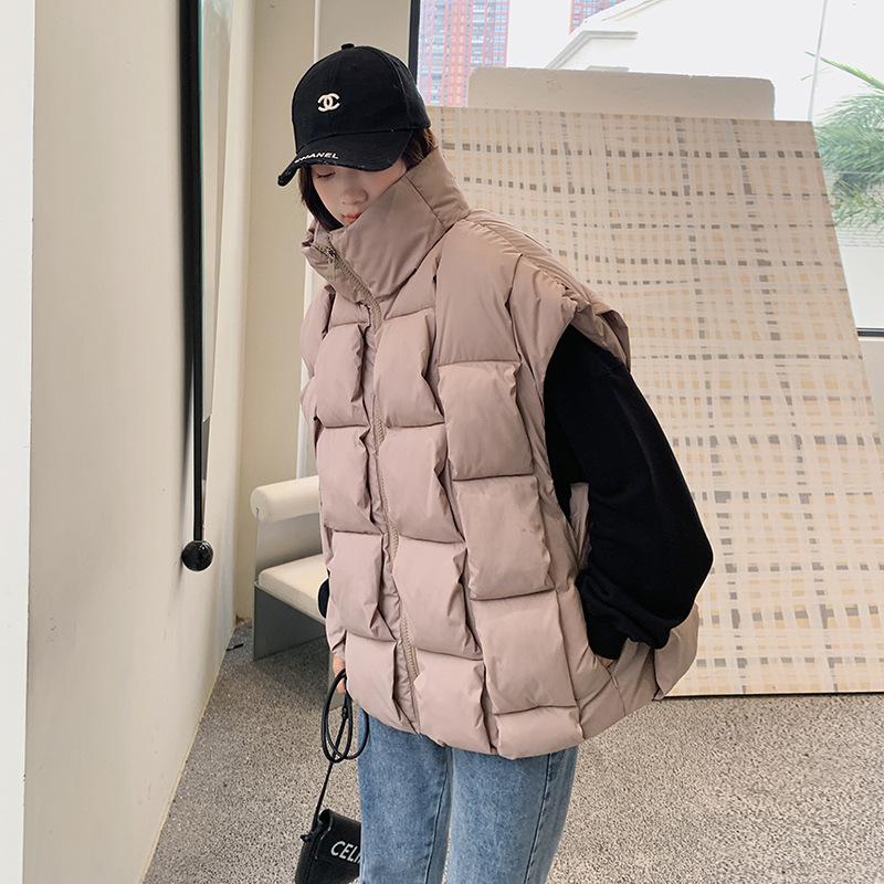 冬季新款立体编织时尚个性方块潮流保暖马甲2023韩版宽松百搭女士 脏粉色 M
