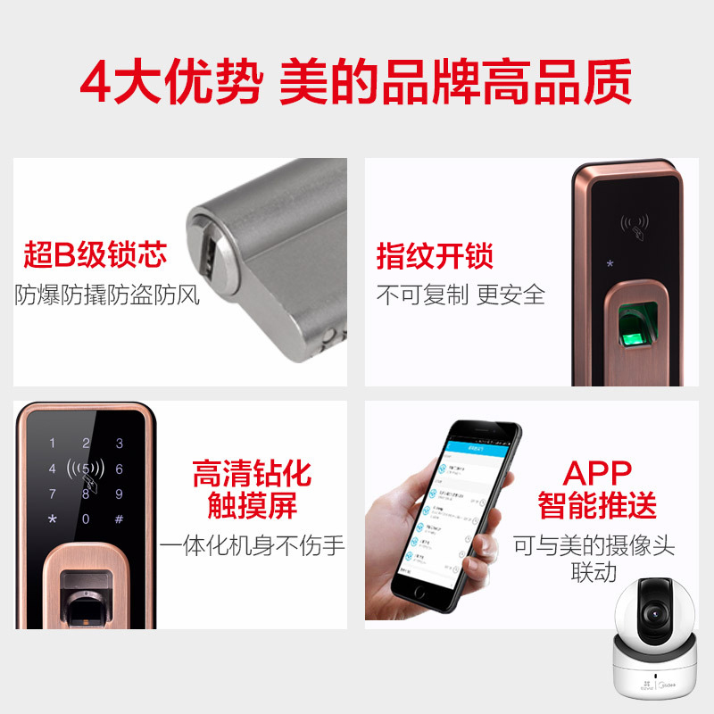 美的（Midea）智能门锁MOLK-LA014 APP电子锁 家用指纹锁 密码锁 语音 手机指纹密码门卡钥匙开门（左开高清大图