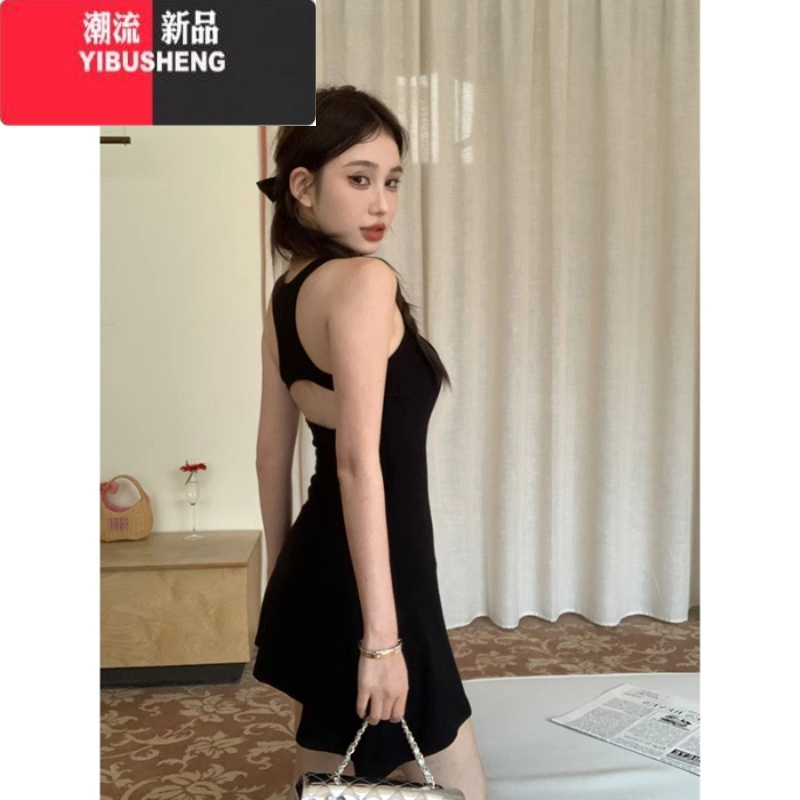 YIBUSHENG美式辣妹背心挂脖露背连衣裙女季性感纯欲收腰小妈裙吊带短裙子