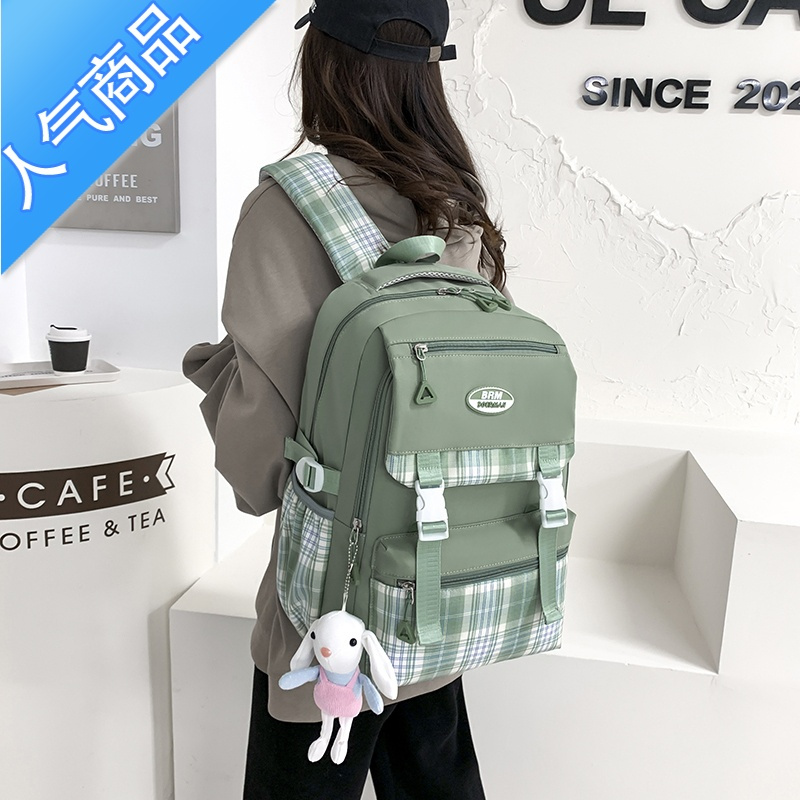 封后书包女初中生中学生小学生三到五六年级大容量轻便减负格子双肩包学生书包