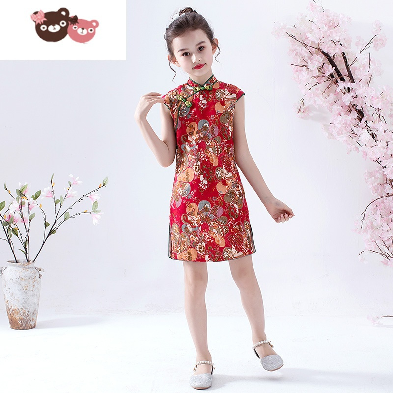 绿彩虹光女童改良旗袍夏季小女孩儿童古筝演出服小童女宝宝薄款夏天