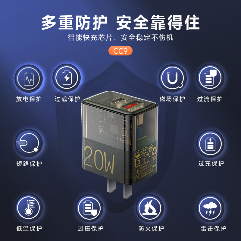 浩酷(hoco.) CC9 PD20W+QC3.0 快速充电器 智能识别安全快充 CC9双口充电器+Ty