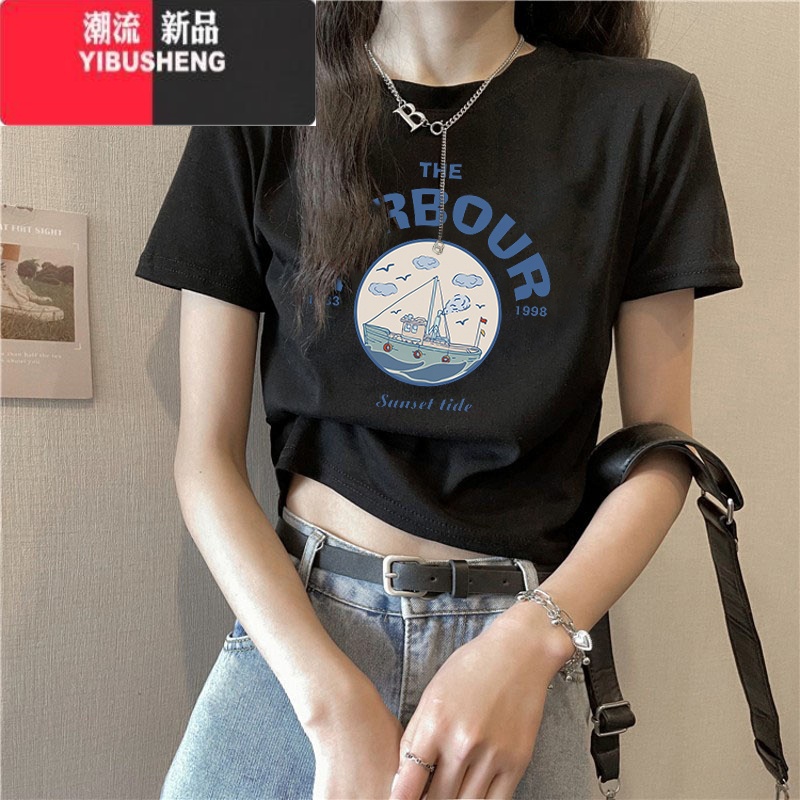 YIBUSHENG短款修身正肩短袖T恤女2023装新款欧货气质感上衣辣妹小妹高清大图