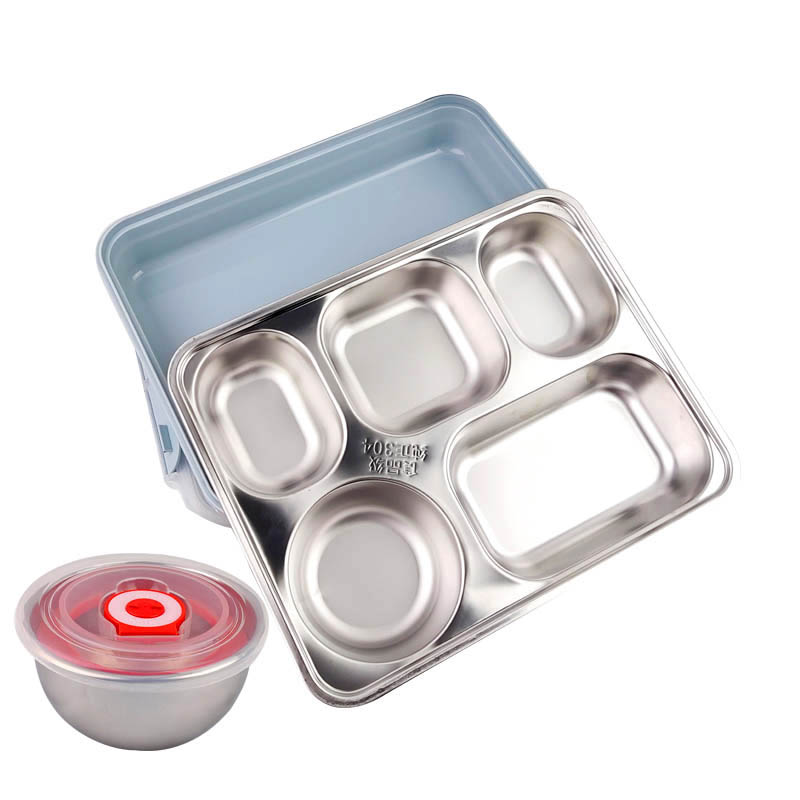 金迪乐不锈钢分格饭盒便当盒碗筷勺套装高清大图