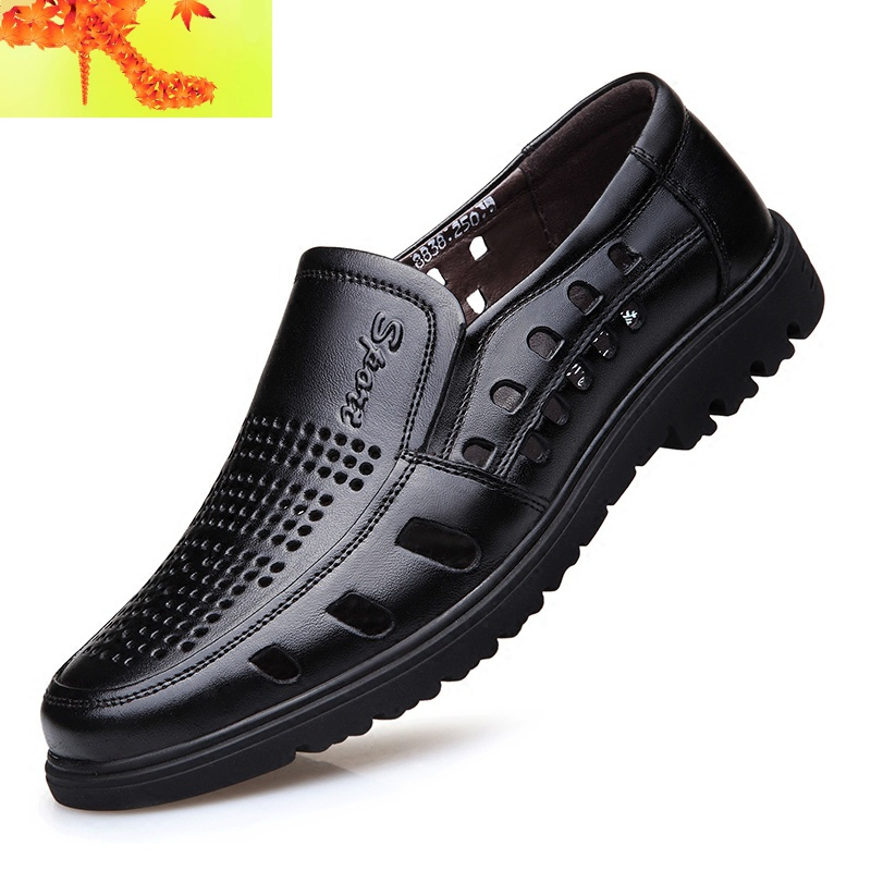 夏季透气镂空皮鞋男真皮凉鞋中年凉皮鞋休闲男鞋夏天中老年爸爸鞋简畅